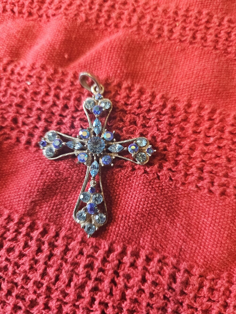 Silver Cross Pendant With Blue Stones